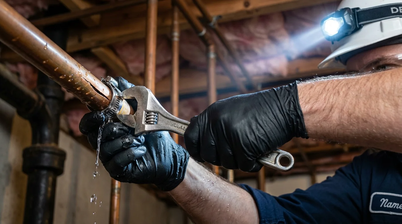 Emergency pipe clamp repair being performed by a Johns Plumbing LLC plumber in Granby