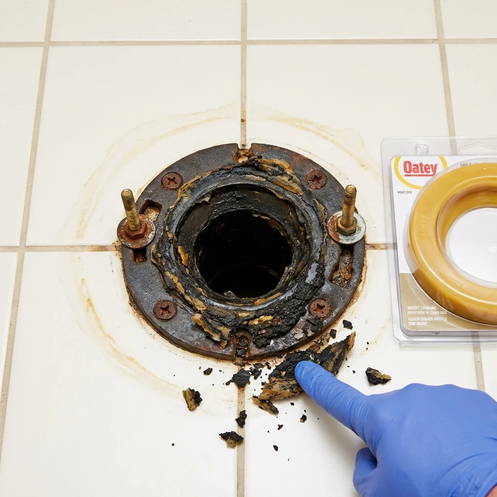 Failed wax ring showing water seepage at the base of a toilet in a Granby, MO home